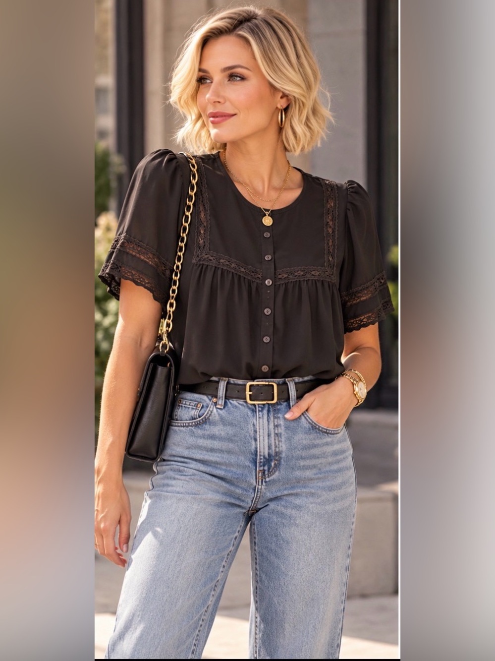 Ann Taylor Black w/ lace Blouse sz S